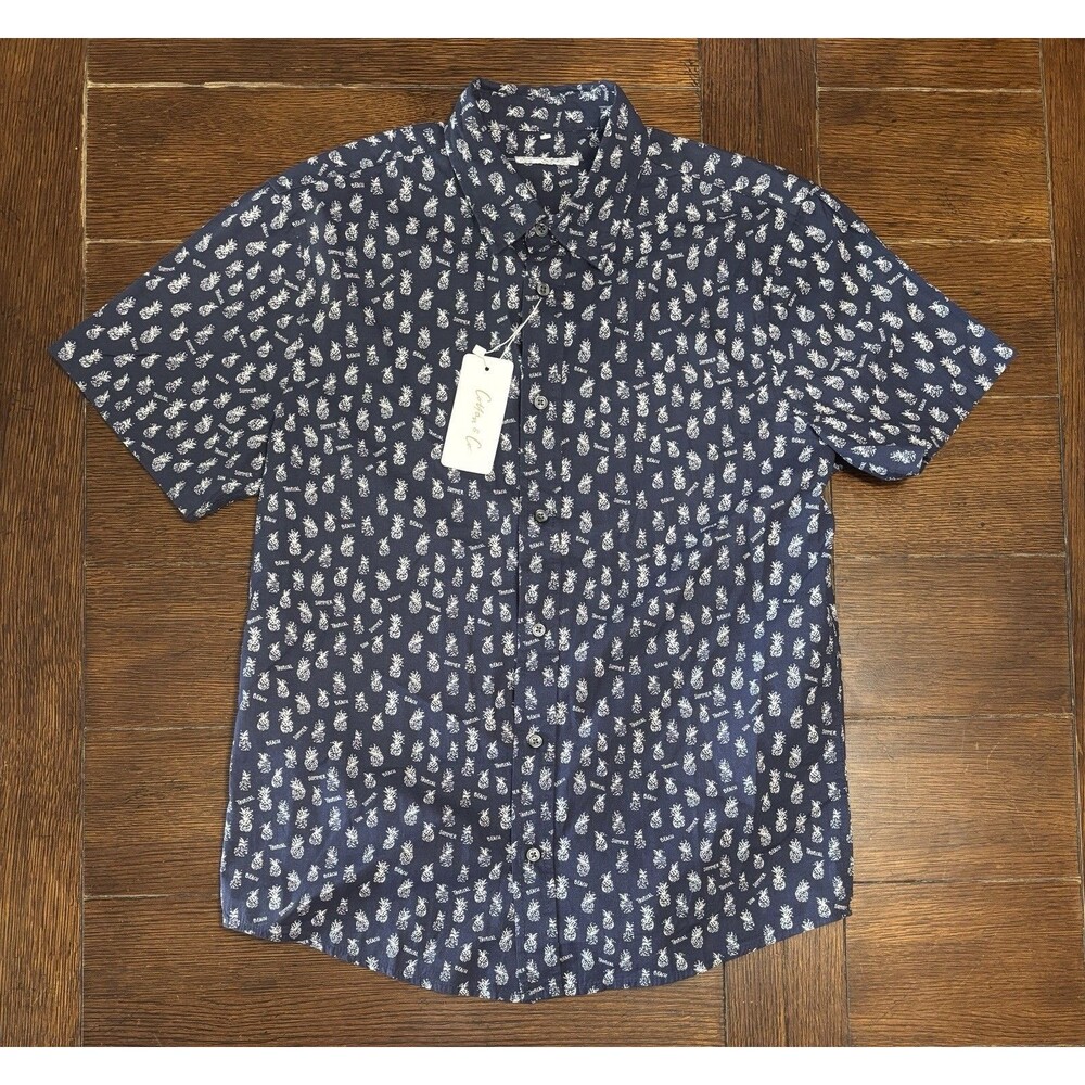 Men’s Cotton And Co Pineapple Blue Short Sleeve Button Up Poplin Shirt M  NWT
